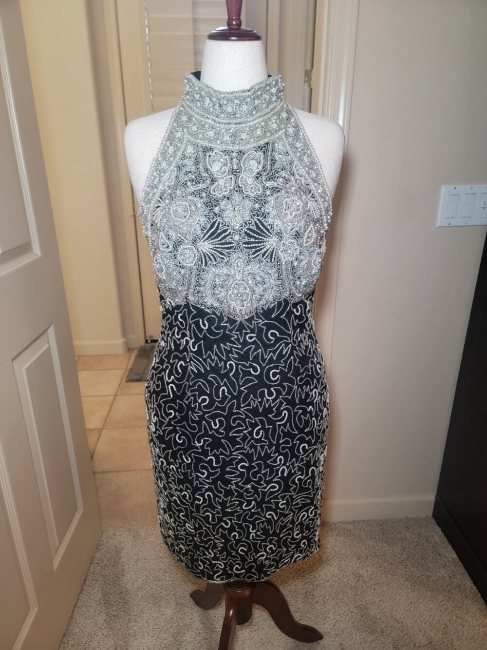 LILLIE RUBIN SEQUIN CHOKER COCKTAIL DRESS FORMAL BLACK/SILVER SLEEVELESS SIZE 10
